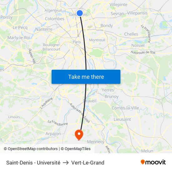 Saint-Denis - Université to Vert-Le-Grand map