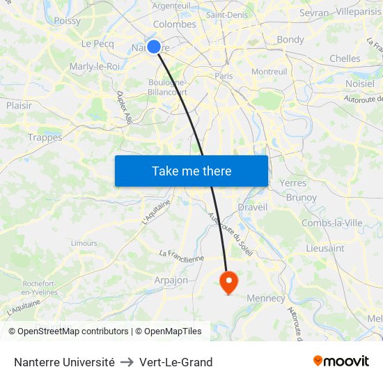 Nanterre Université to Vert-Le-Grand map