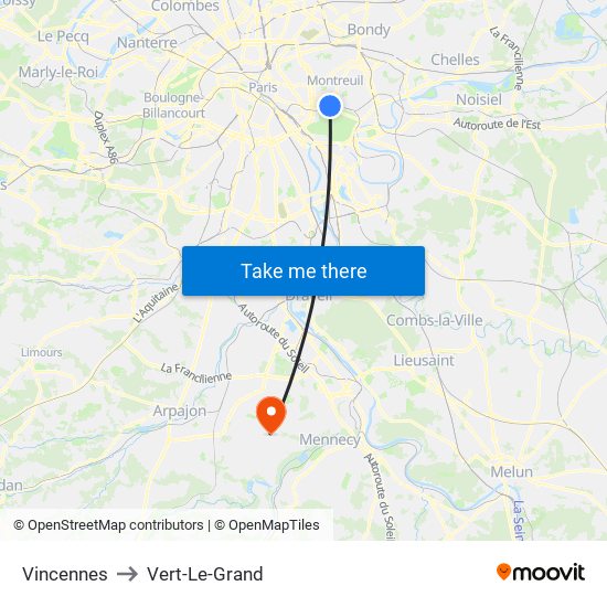 Vincennes to Vert-Le-Grand map