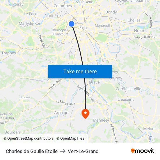 Charles de Gaulle Etoile to Vert-Le-Grand map