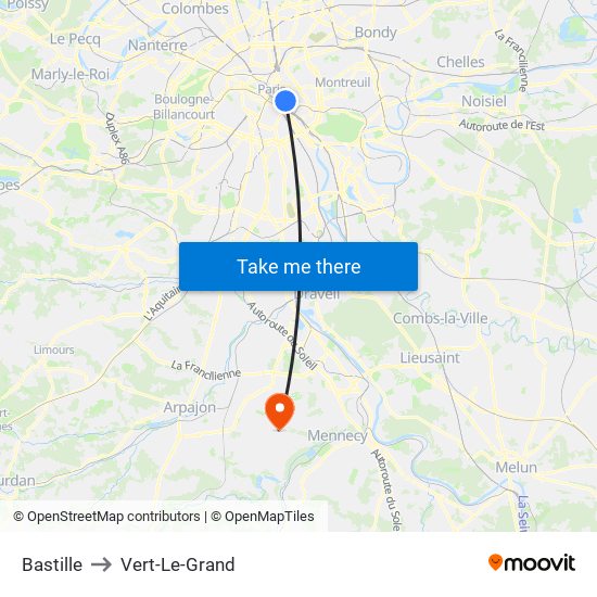 Bastille to Vert-Le-Grand map