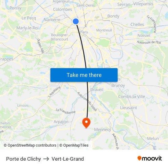 Porte de Clichy to Vert-Le-Grand map