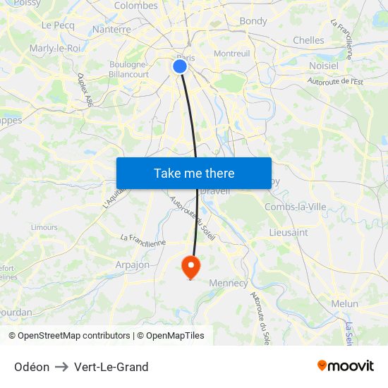 Odéon to Vert-Le-Grand map