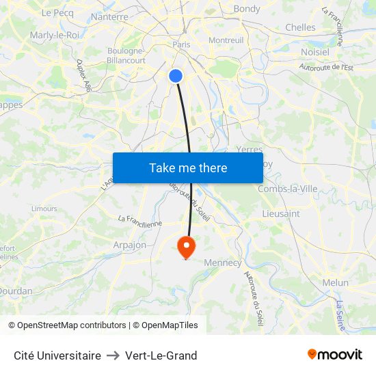 Cité Universitaire to Vert-Le-Grand map