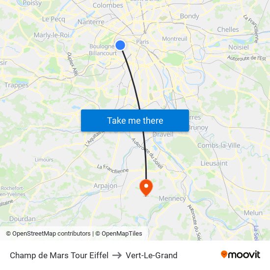 Champ de Mars Tour Eiffel to Vert-Le-Grand map