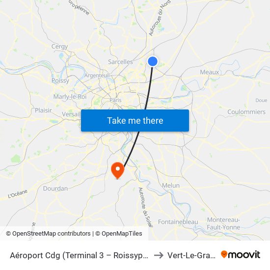 Aéroport Cdg (Terminal 3 – Roissypôle) to Vert-Le-Grand map