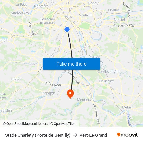 Stade Charléty (Porte de Gentilly) to Vert-Le-Grand map
