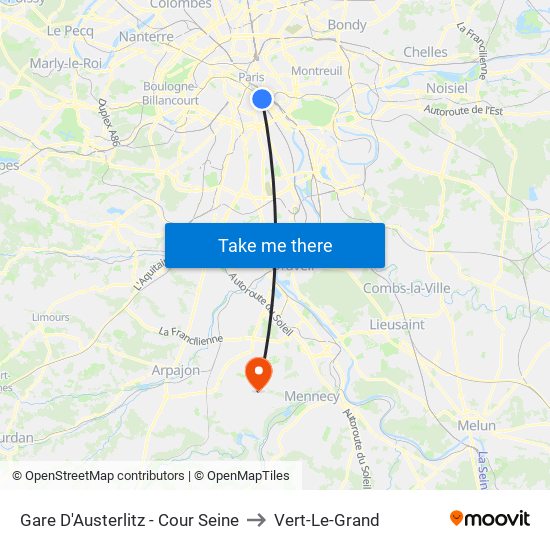 Gare D'Austerlitz - Cour Seine to Vert-Le-Grand map