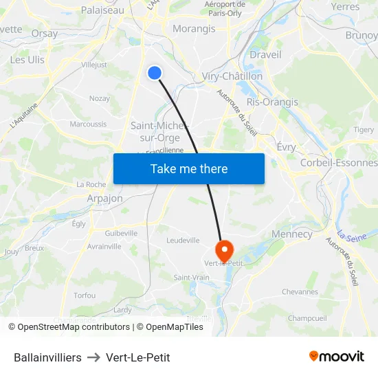 Ballainvilliers to Vert-Le-Petit map