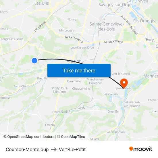 Courson-Monteloup to Vert-Le-Petit map