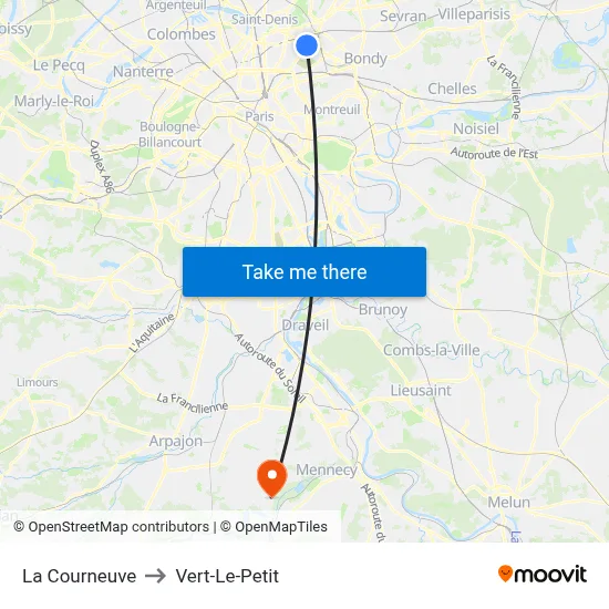 La Courneuve to Vert-Le-Petit map