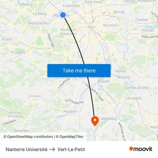 Nanterre Université to Vert-Le-Petit map