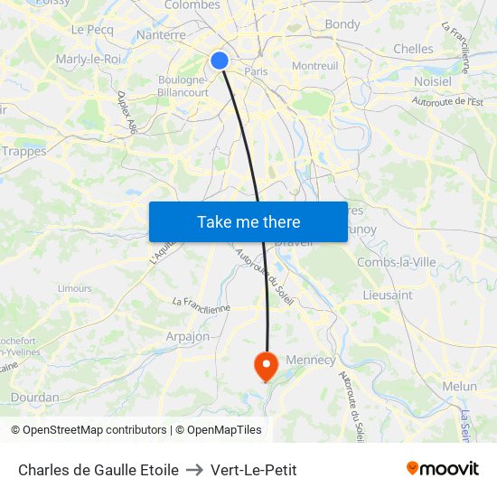 Charles de Gaulle Etoile to Vert-Le-Petit map