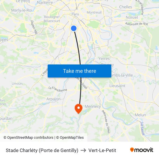 Stade Charléty (Porte de Gentilly) to Vert-Le-Petit map