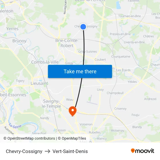 Chevry-Cossigny to Vert-Saint-Denis map