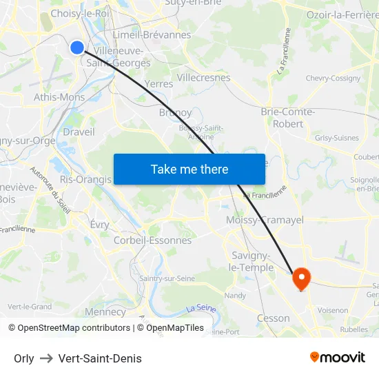 Orly to Vert-Saint-Denis map