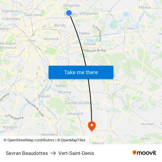 Sevran Beaudottes to Vert-Saint-Denis map