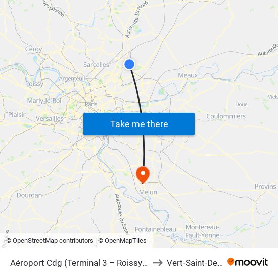 Aéroport Cdg (Terminal 3 – Roissypôle) to Vert-Saint-Denis map