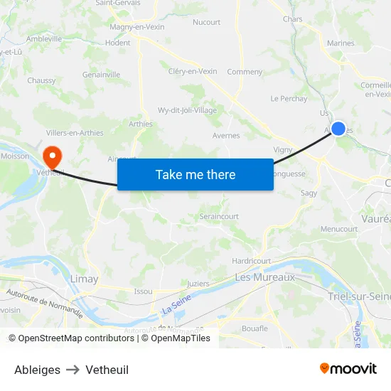 Ableiges to Vetheuil map