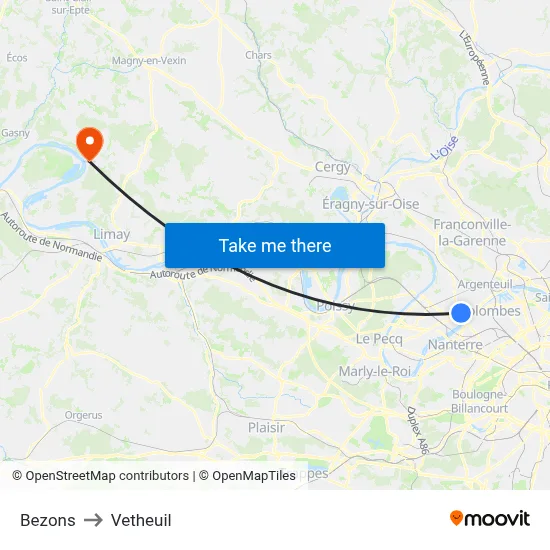 Bezons to Vetheuil map