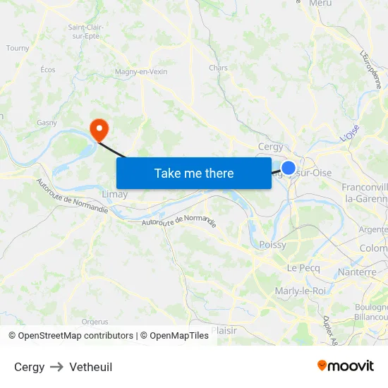 Cergy to Vetheuil map