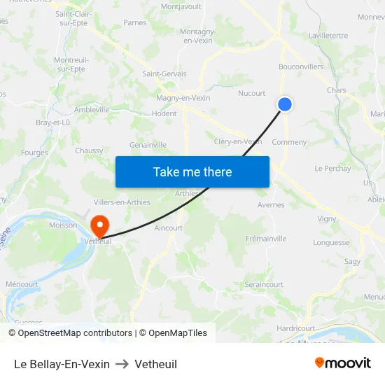 Le Bellay-En-Vexin to Vetheuil map