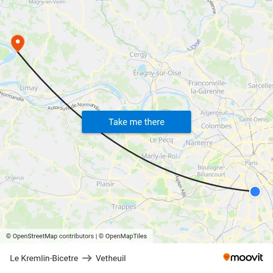 Le Kremlin-Bicetre to Vetheuil map