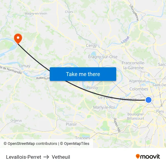 Levallois-Perret to Vetheuil map
