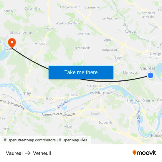 Vaureal to Vetheuil map
