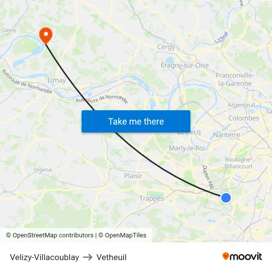 Velizy-Villacoublay to Vetheuil map