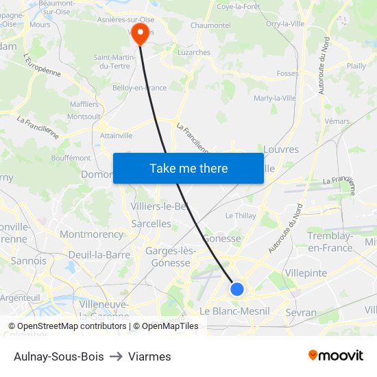 Aulnay-Sous-Bois to Viarmes map