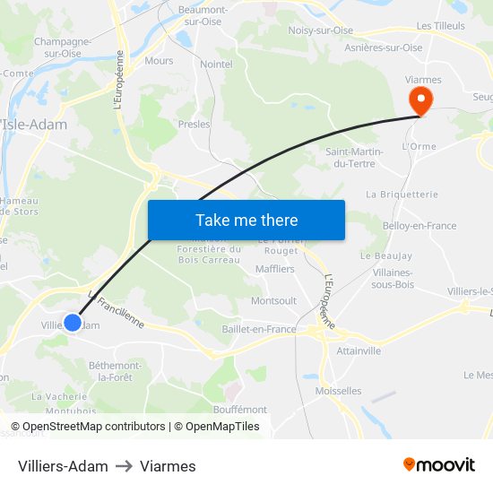 Villiers-Adam to Viarmes map