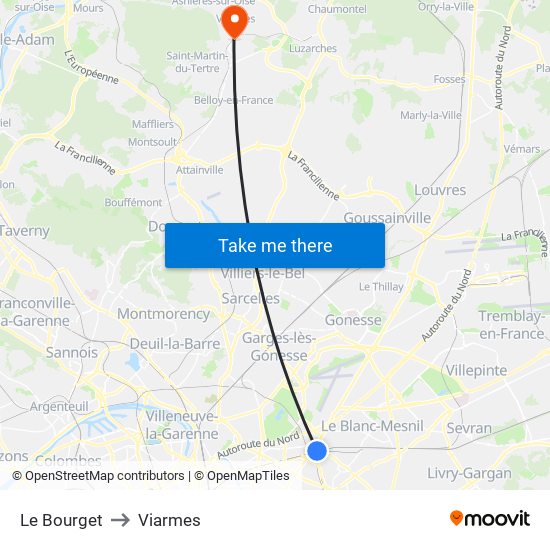 Le Bourget to Viarmes map