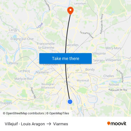 Villejuif - Louis Aragon to Viarmes map