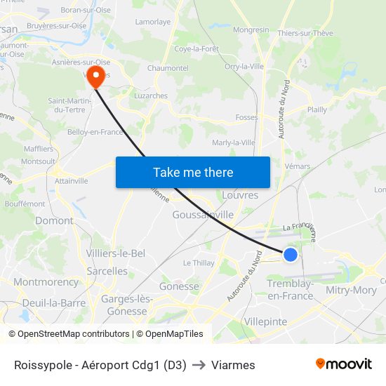 Roissypole - Aéroport Cdg1 (D3) to Viarmes map