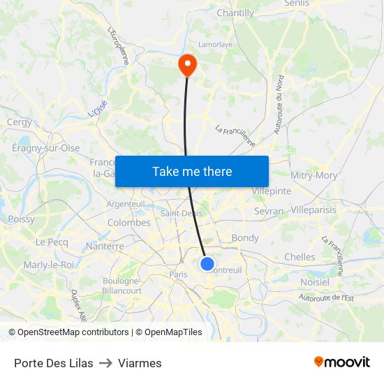 Porte Des Lilas to Viarmes map
