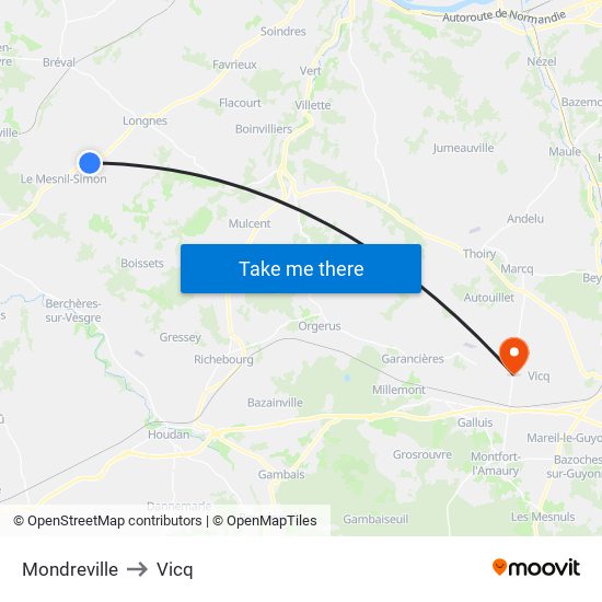 Mondreville to Vicq map