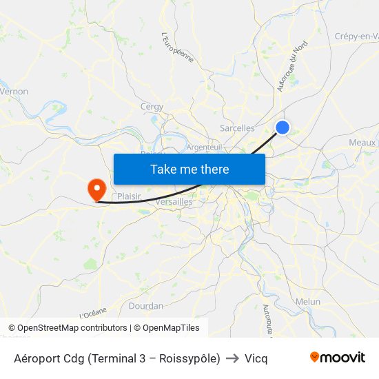 Aéroport Cdg (Terminal 3 – Roissypôle) to Vicq map