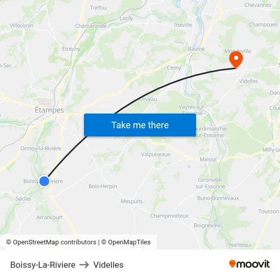 Boissy-La-Riviere to Videlles map