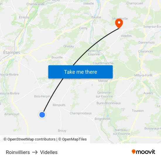Roinvilliers to Videlles map