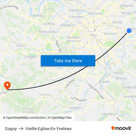Gagny to Vieille-Eglise-En-Yvelines map