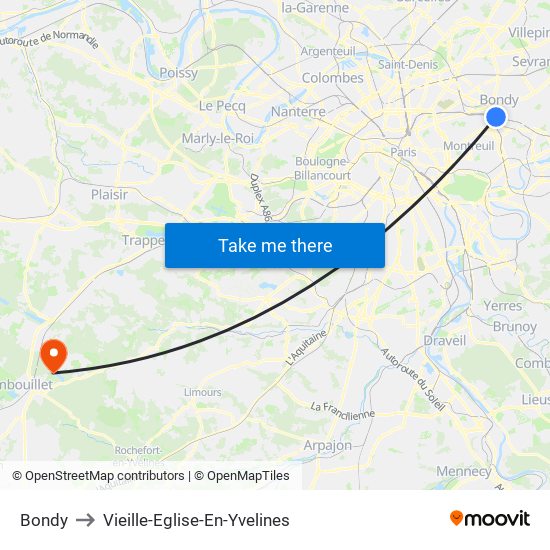 Bondy to Vieille-Eglise-En-Yvelines map