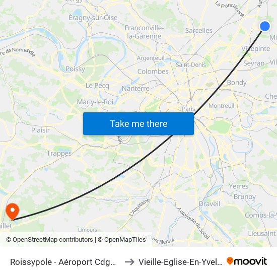 Roissypole - Aéroport Cdg1 (D3) to Vieille-Eglise-En-Yvelines map