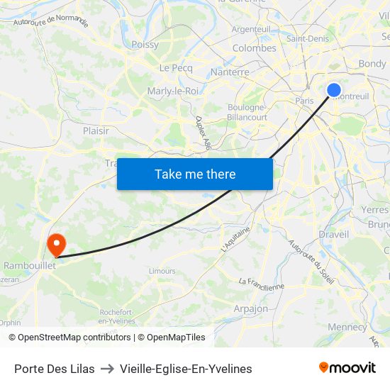 Porte Des Lilas to Vieille-Eglise-En-Yvelines map