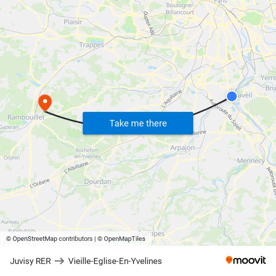 Juvisy RER to Vieille-Eglise-En-Yvelines map