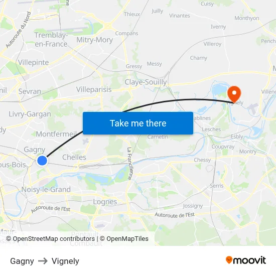 Gagny to Vignely map