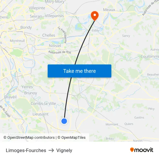 Limoges-Fourches to Vignely map