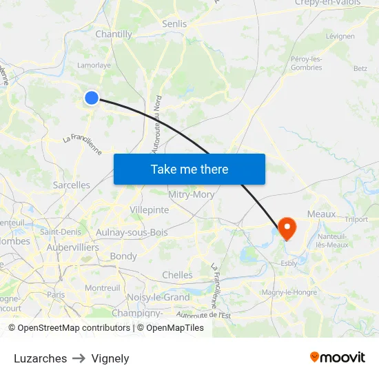 Luzarches to Vignely map