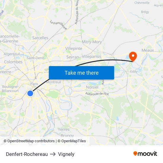 Denfert-Rochereau to Vignely map