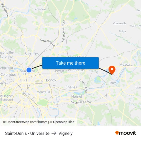 Saint-Denis - Université to Vignely map